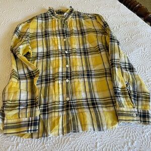 Yellow Linen Plaid Button-Up Shirt